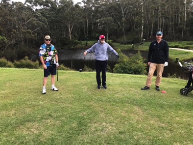 Observing social distancing on the 15th tee.
We hit off from the yellow tees which made the course somewhat easier than
usual.